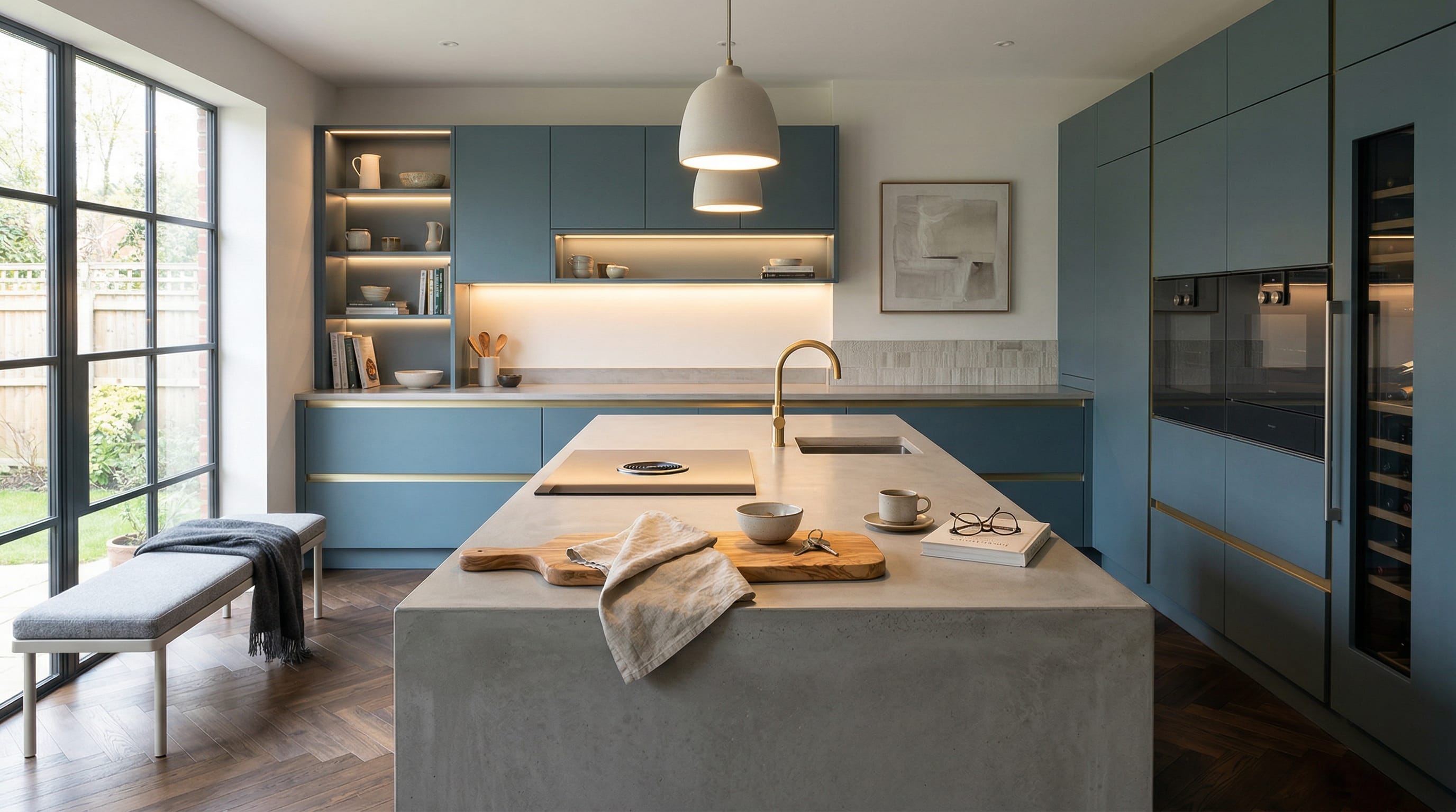 Wide view of a newly completed bespoke Mastercraft kitchen, contemporary in-frame cabinetry in pantry blue tones