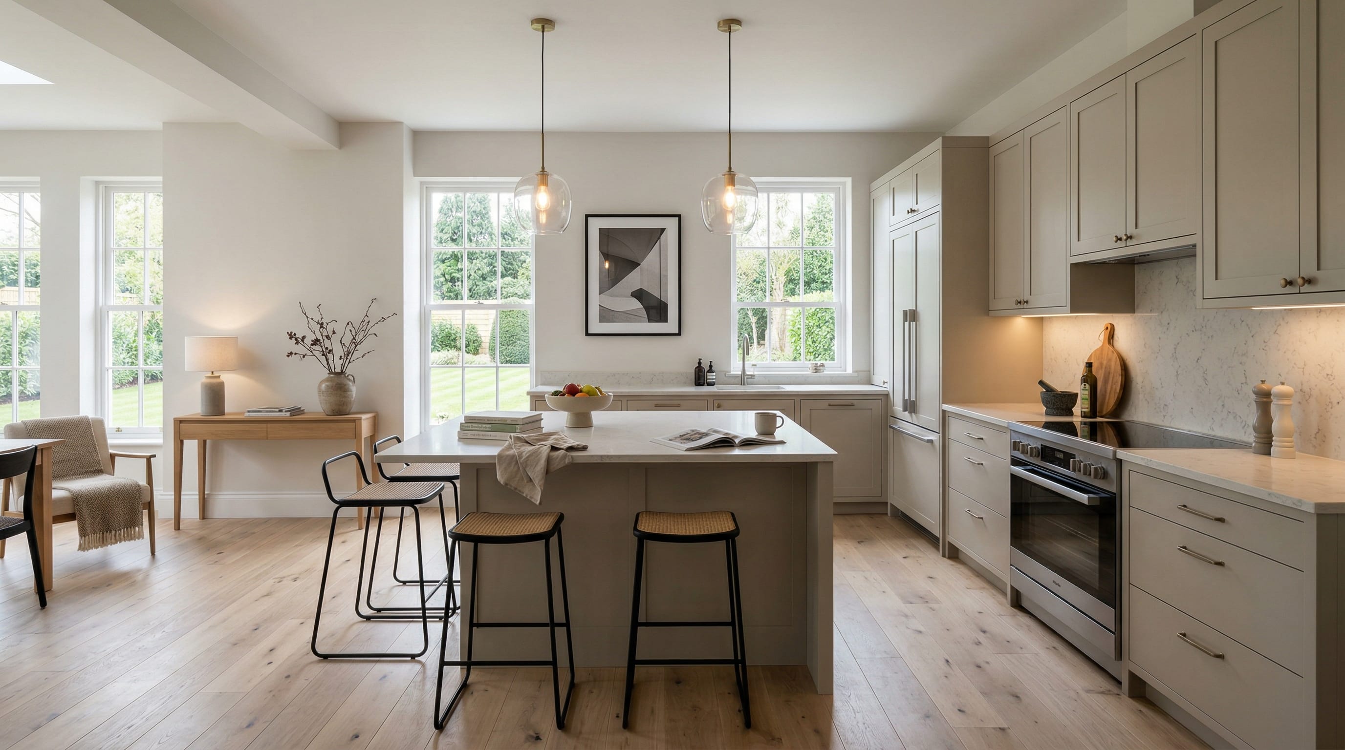 Wide view of a newly completed bespoke Mastercraft kitchen, timber veneer slab-door cabinetry in willow tones