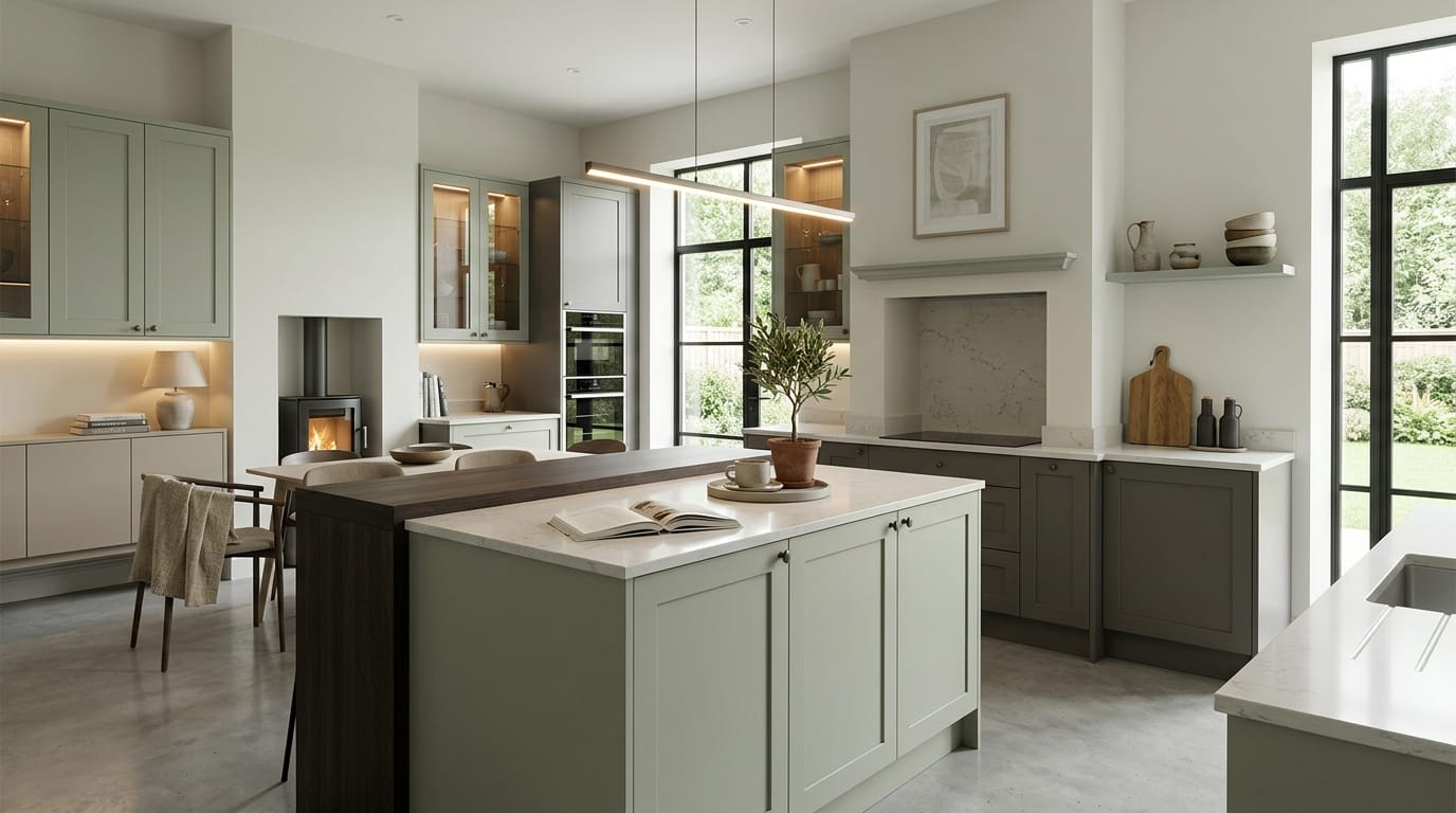 Wide view of a newly completed bespoke Mastercraft kitchen, contemporary painted lay-on cabinetry in graphite tones