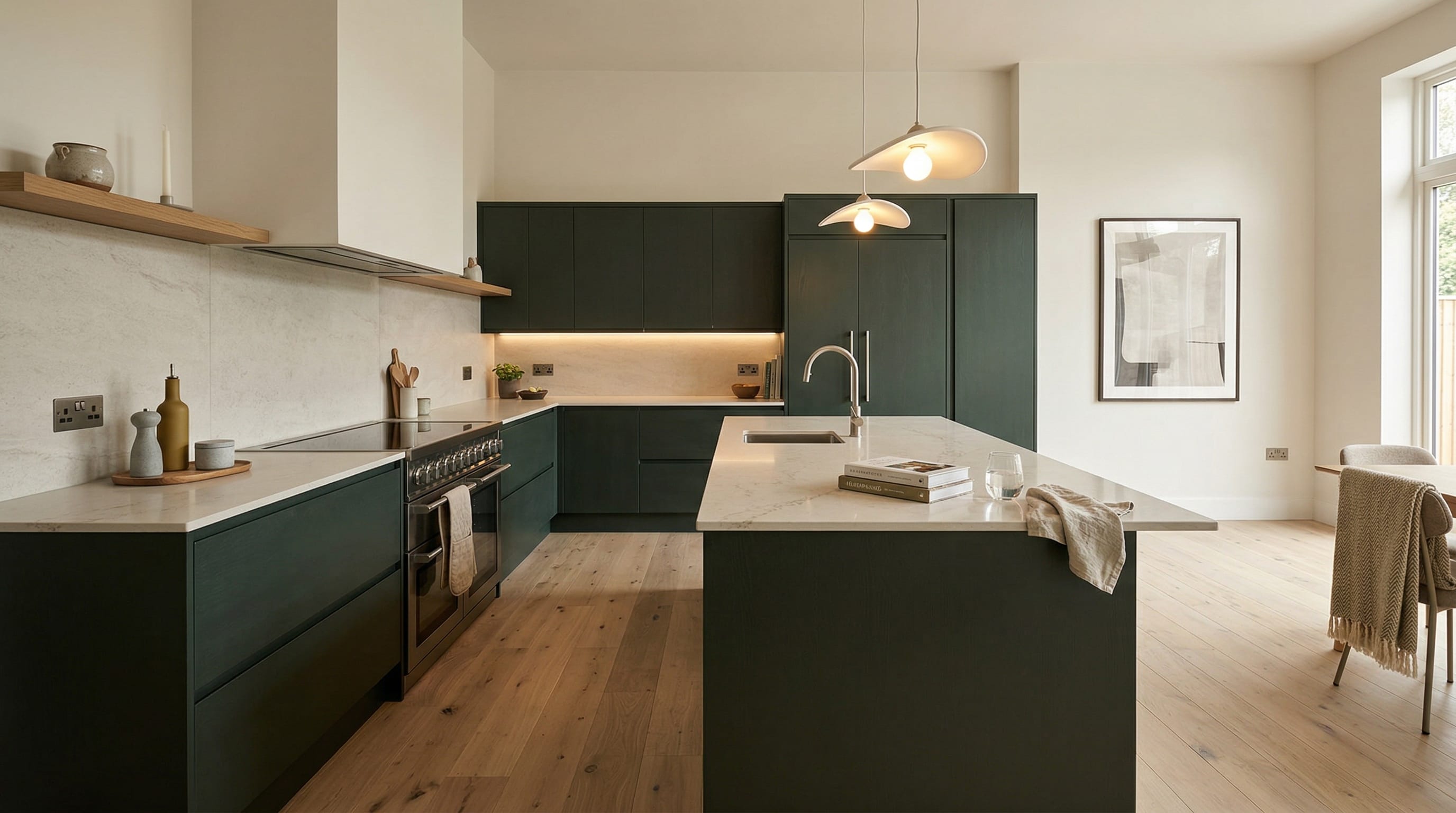 Wide view of a newly completed bespoke Mastercraft kitchen, modern shaker cabinetry in lava tones