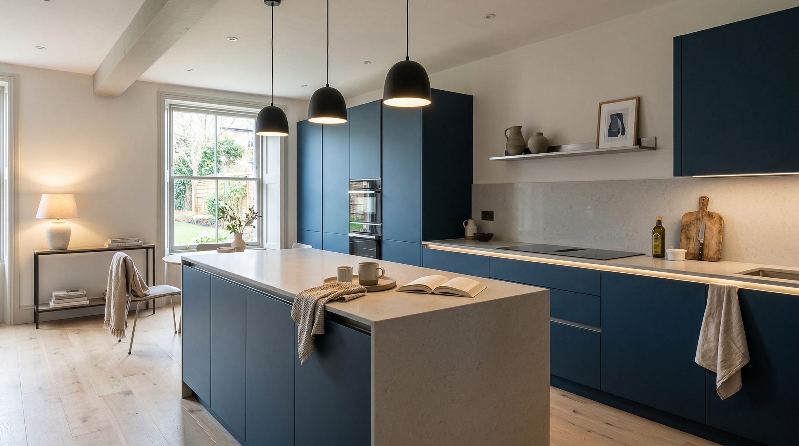 Wide view of a newly completed bespoke Mastercraft kitchen, timber veneer slab-door cabinetry in porcelain tones