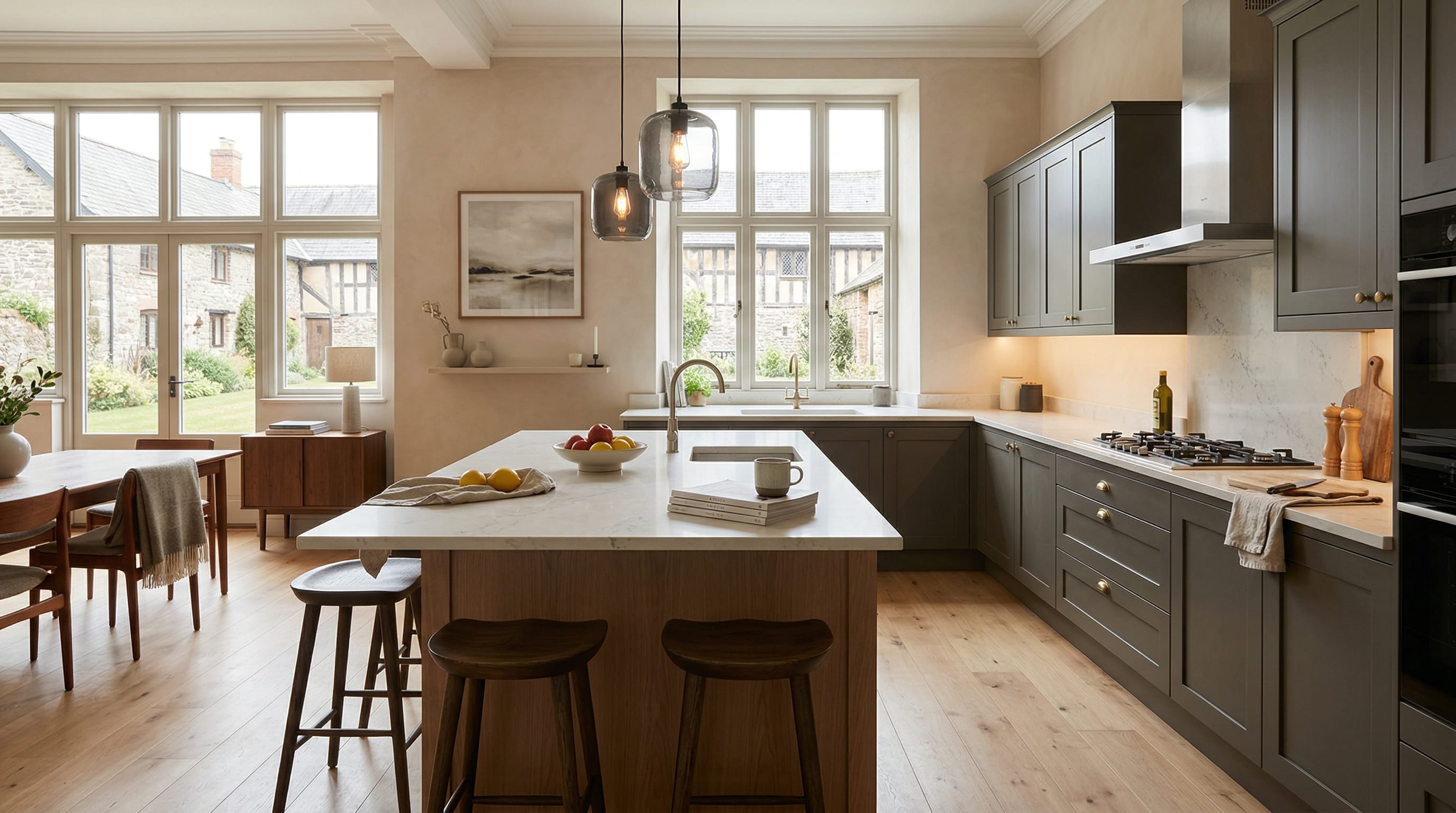 Wide view of a newly completed bespoke Mastercraft kitchen, timber veneer slab-door cabinetry in slate blue tones