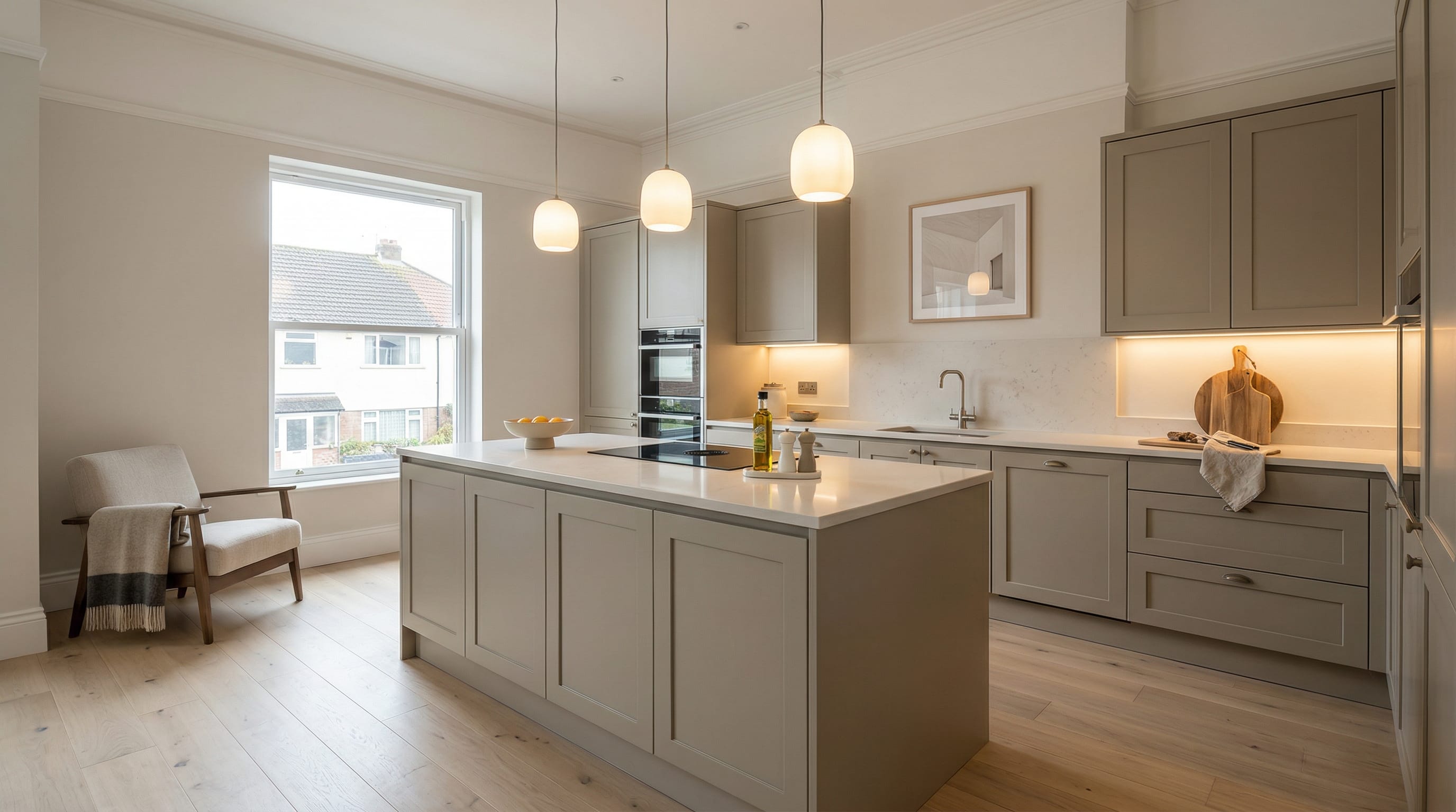 Wide view of a newly completed bespoke Mastercraft kitchen, timber veneer slab-door cabinetry in viridian tones