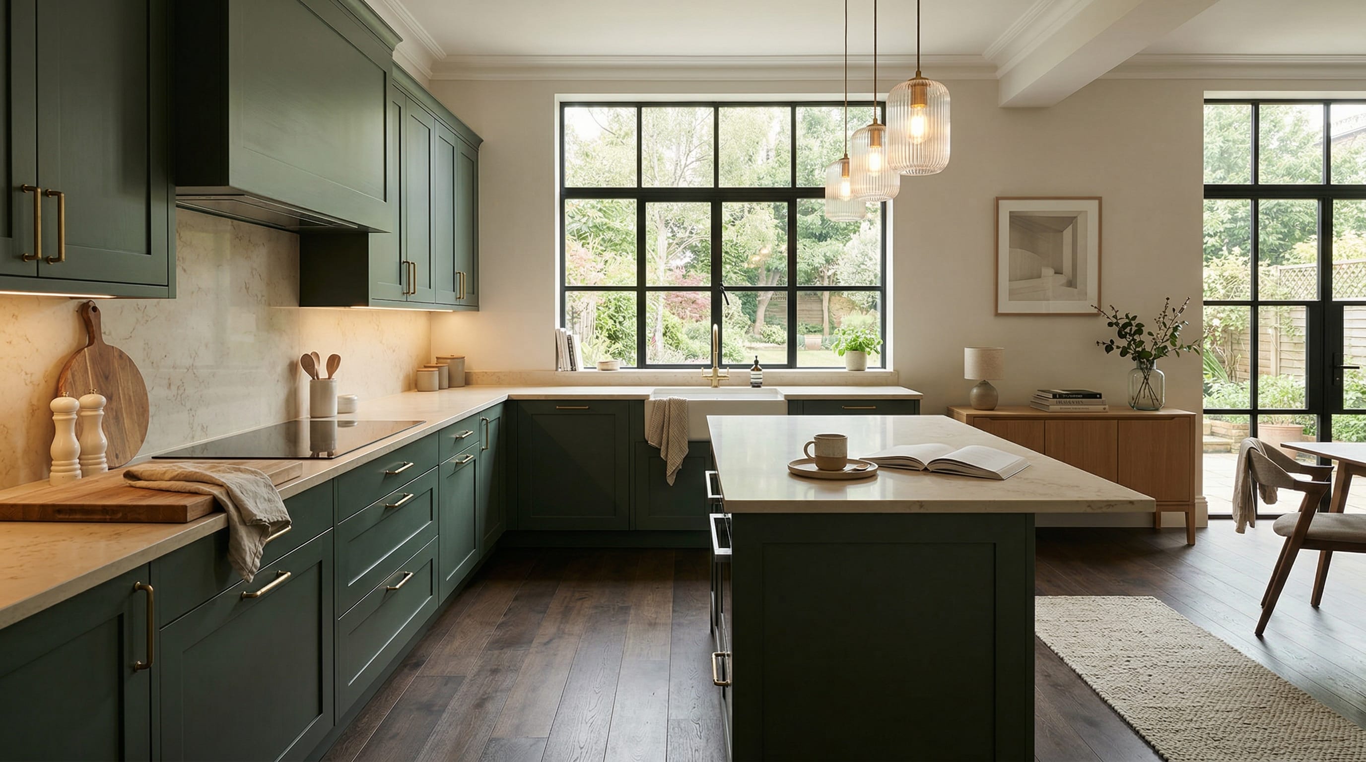 Wide view of a newly completed bespoke Mastercraft kitchen, contemporary in-frame cabinetry in gunmetal grey tones