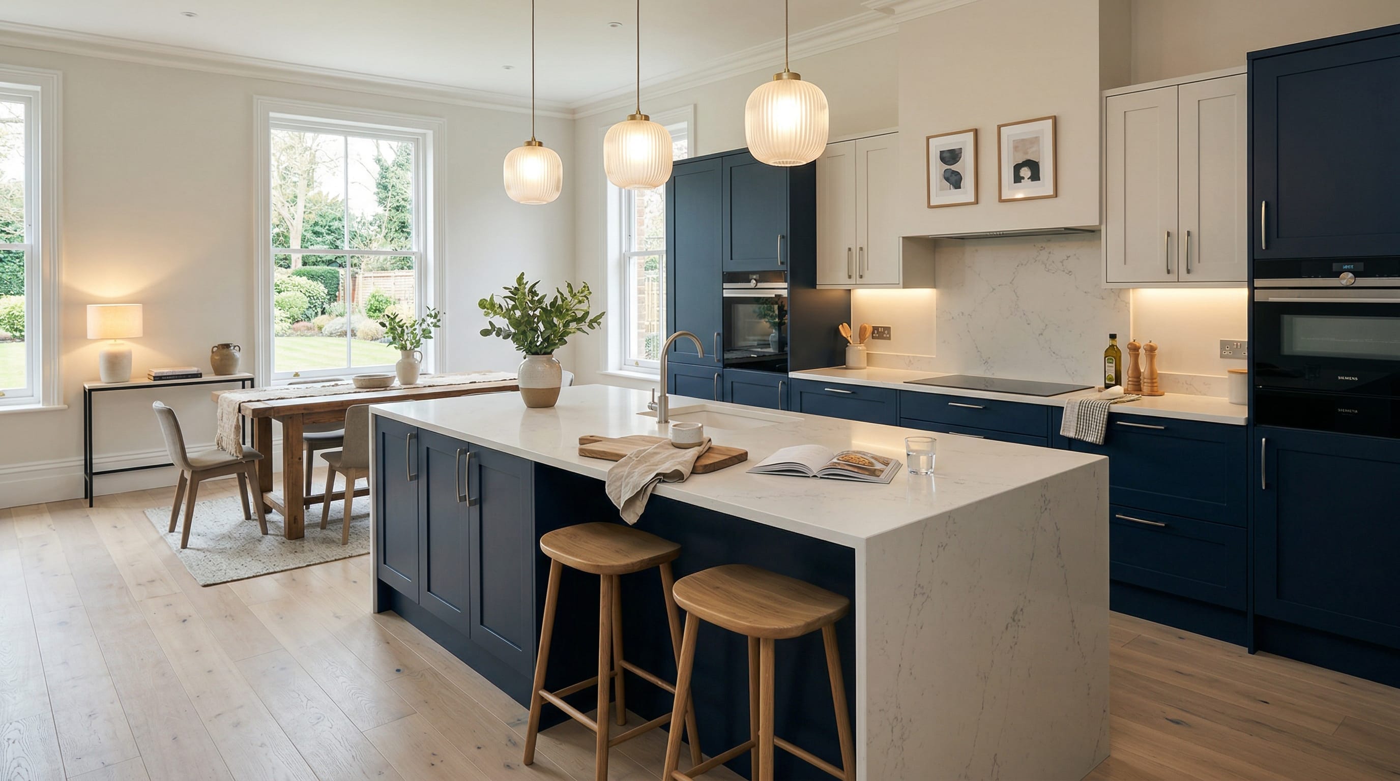 Wide view of a newly completed bespoke Mastercraft kitchen, matt painted handleless slab cabinetry in marine tones