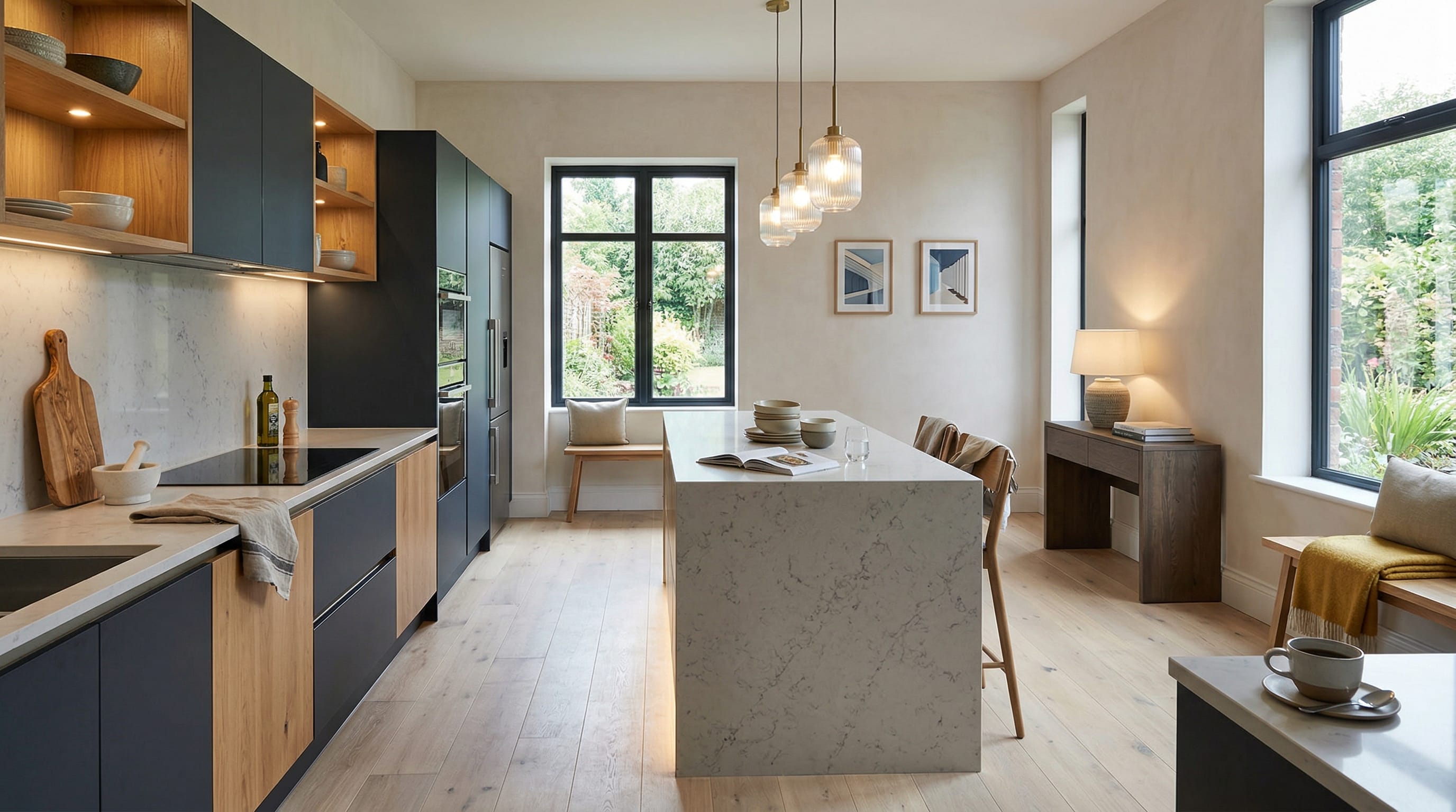 Wide view of a newly completed bespoke Mastercraft kitchen, contemporary in-frame cabinetry in light teal tones